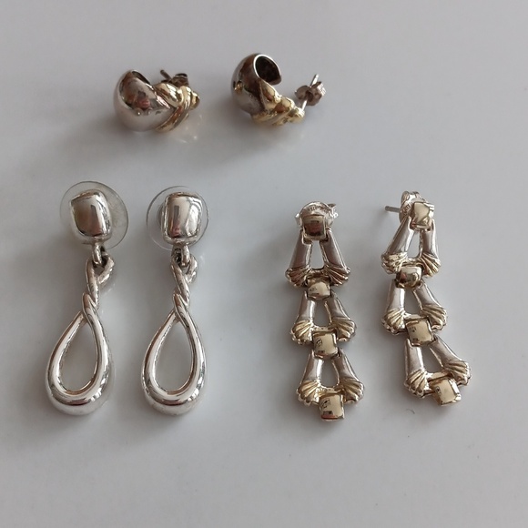 Set of two Silver and Gold Dangle and one curved two-tone post  Earrings - Picture 1 of 3